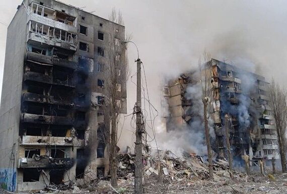 Two destroyed apartment buildings in Ukraine